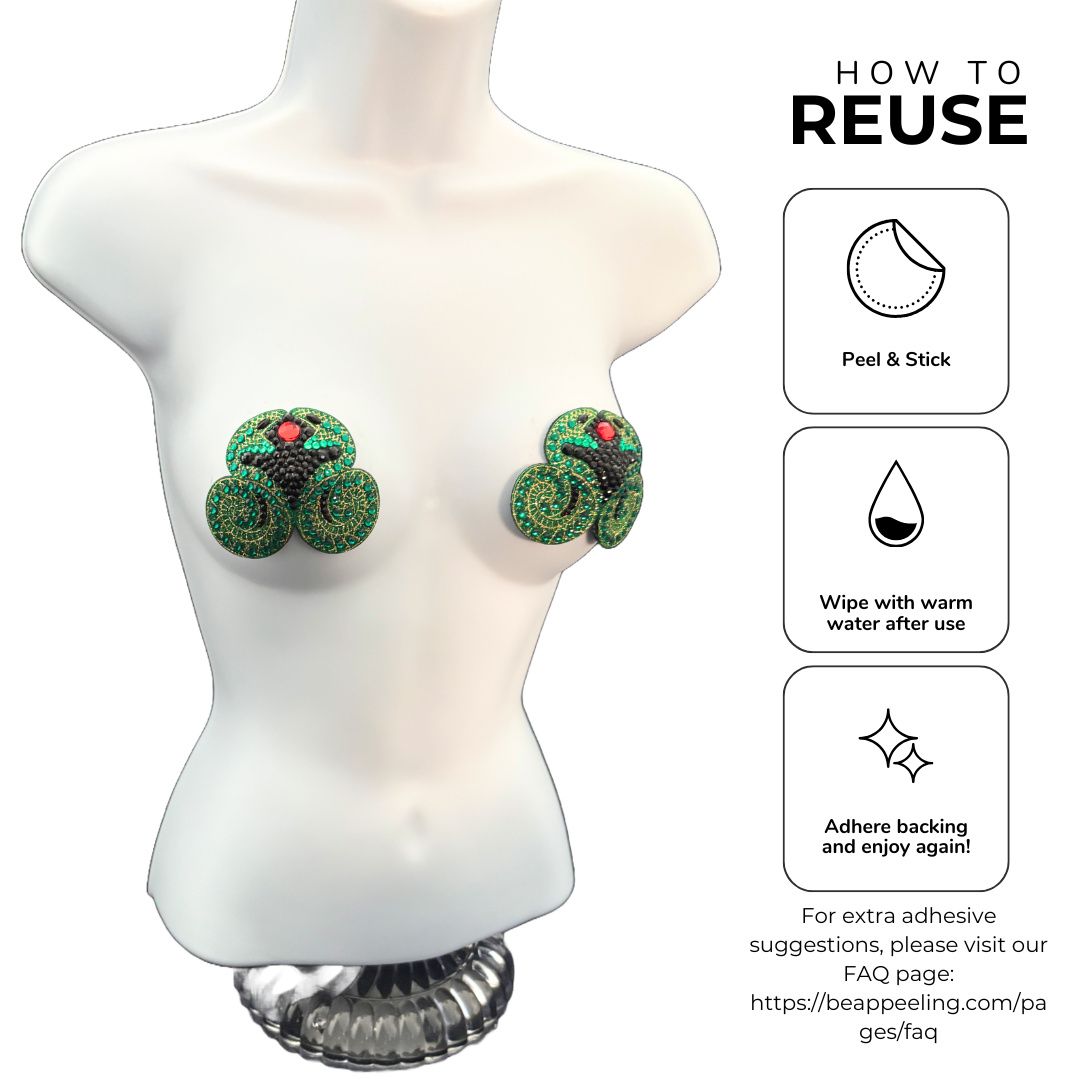 EDEN Green Snake Nipple Pasties, Tassels (2pcs)