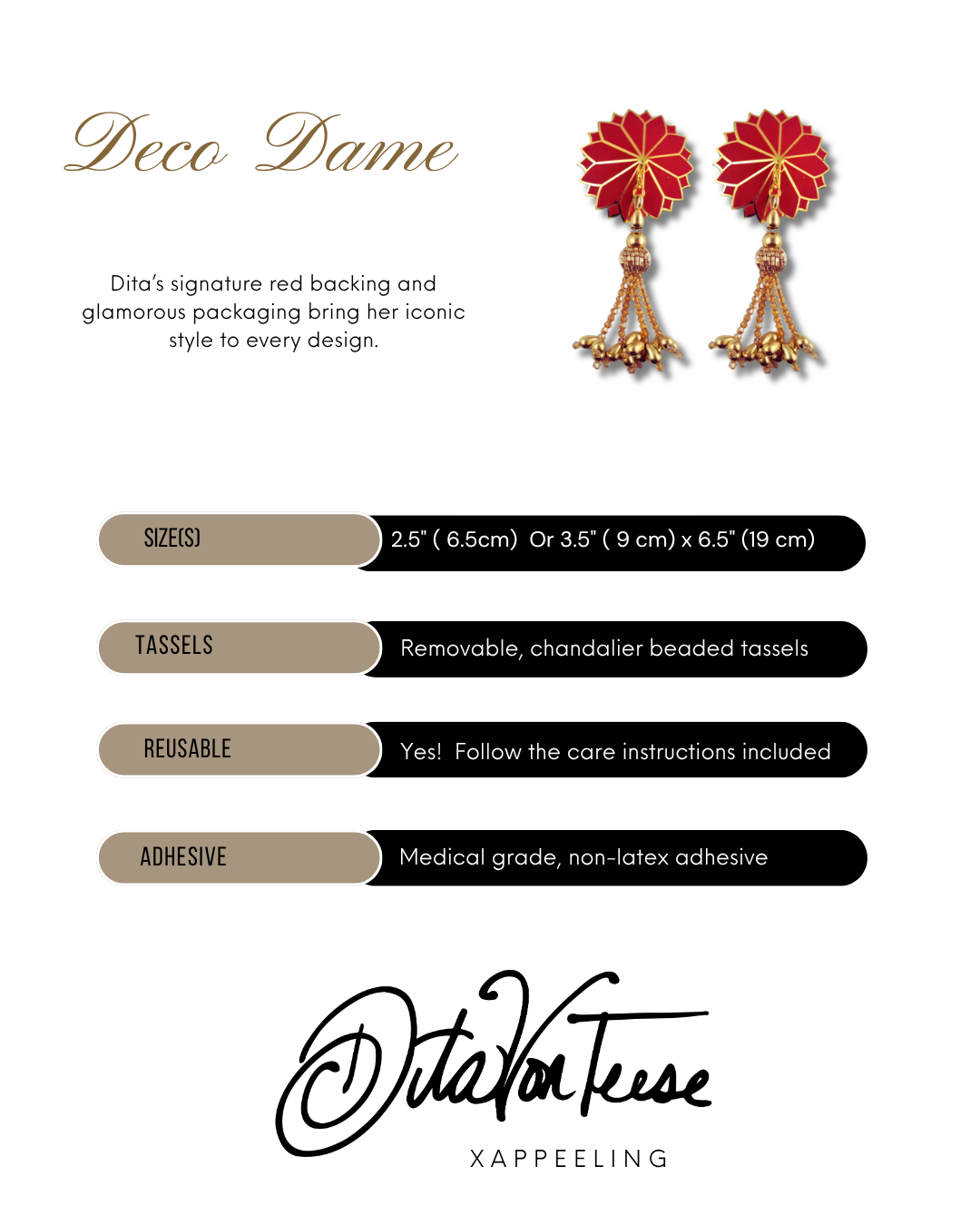 DITA VON TEESE Deco Dame (Red & Gold) Velvet and Gold Pasties With Removable Hand-Beaded Tassels (2pcs)