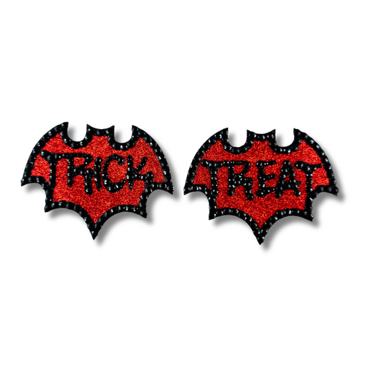 BAT TRICK Red Bat Trick or Treat Nipple Pasties, Covers (2pcs) in Black and Red Glitter and Gems