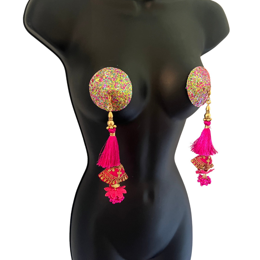 GLITTERATI (Limited Edition) Multi-Colour Glitter Circle Pasties, Pasty (2pcs) with Gorgeous Multi Layered Tassels