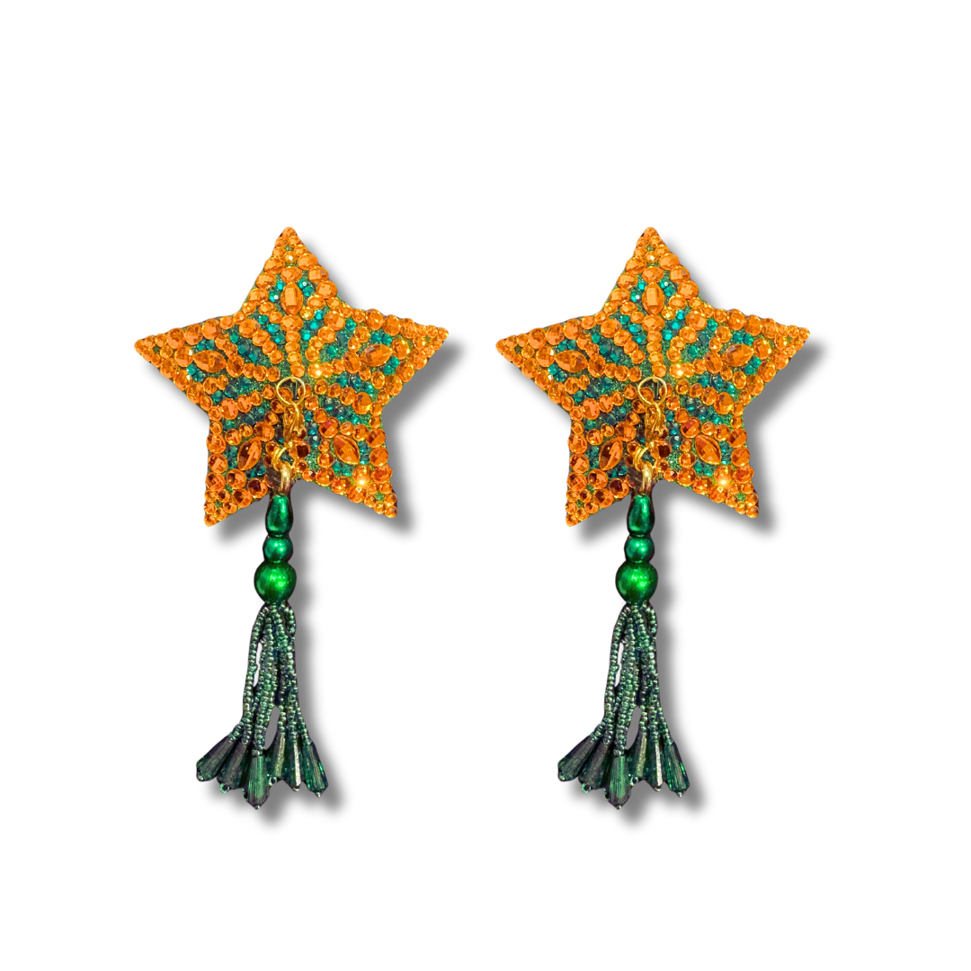 KITTY Green and Orange Star Pasties with Removable Tassels (2pcs)