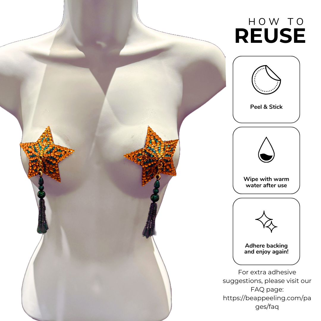 KITTY Green and Orange Star Pasties with Removable Tassels (2pcs)