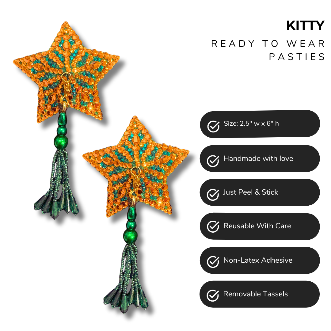 KITTY Green and Orange Star Pasties with Removable Tassels (2pcs)
