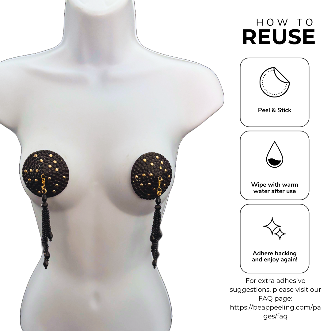 COQUETTE Black and Gold  Pasties with Removable Tassels (2pcs)