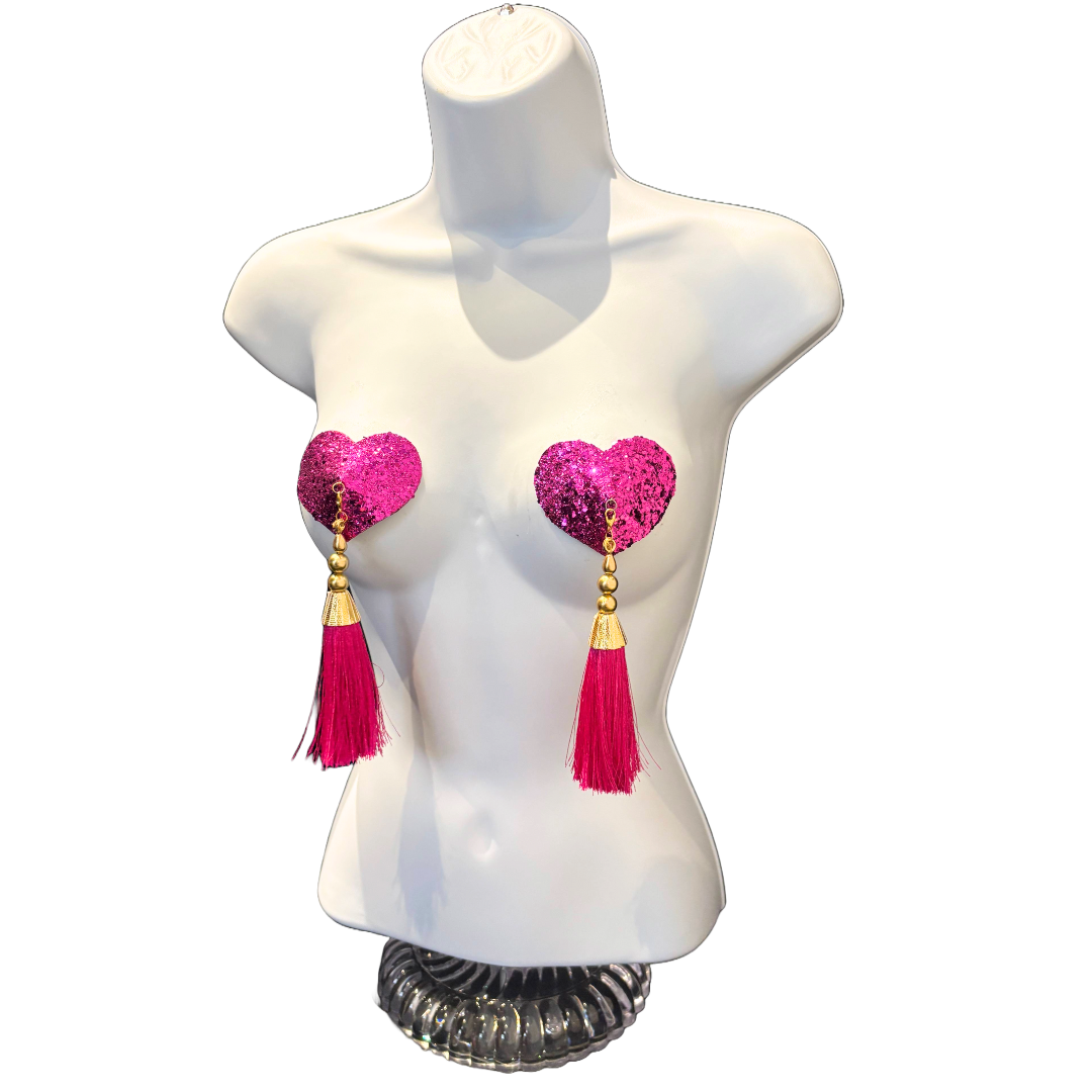 LUVA Hot Pink Heart  Glitter Nipple Pasties, Pasty (2pcs) -  With Removable Lightweight Tassels
