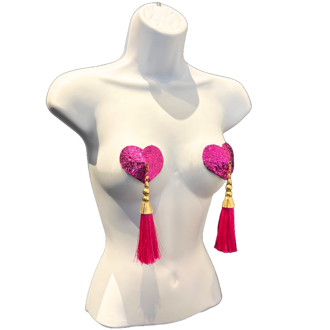 LUVA Hot Pink Heart  Glitter Nipple Pasties, Pasty (2pcs) -  With Removable Lightweight Tassels