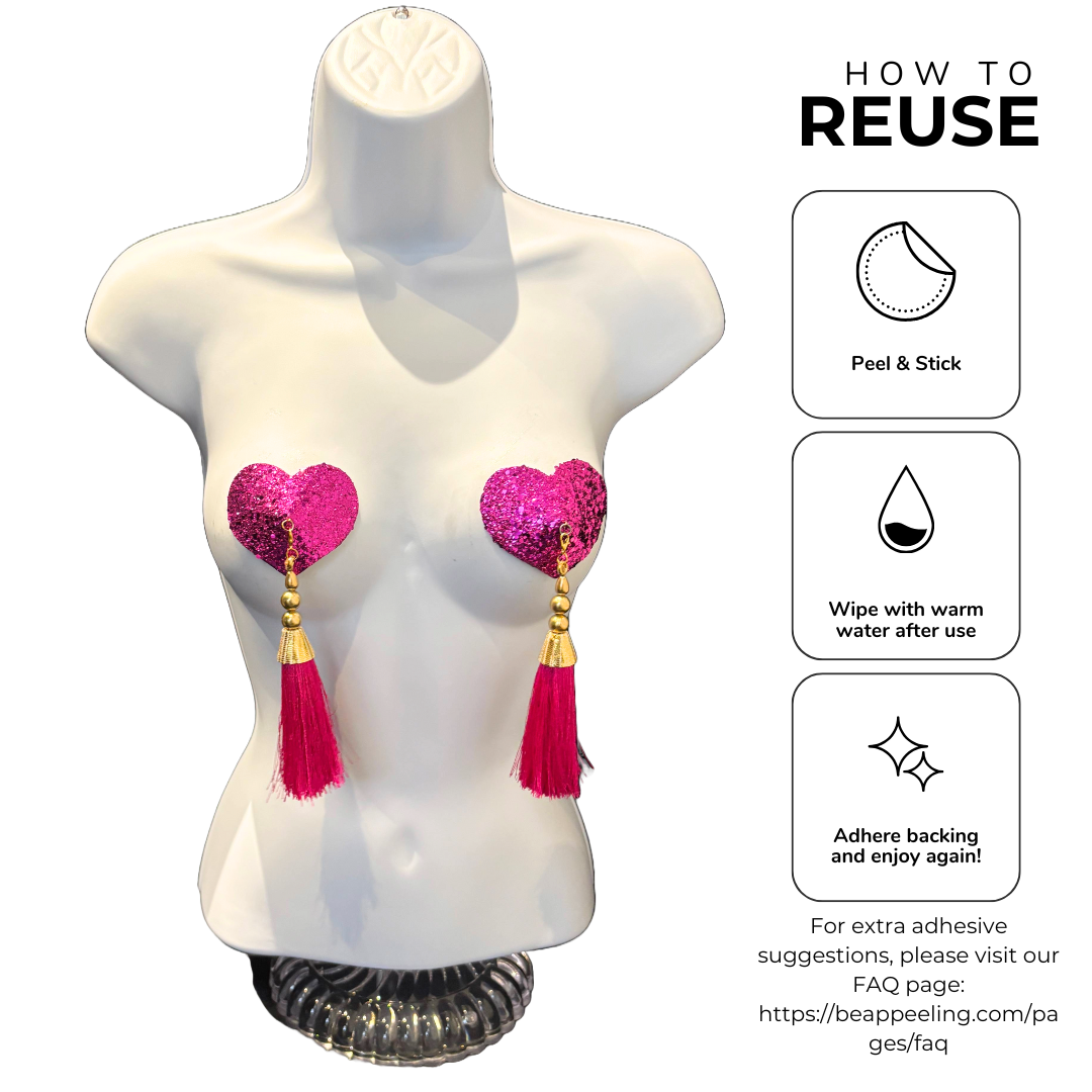 LUVA Hot Pink Heart  Glitter Nipple Pasties, Pasty (2pcs) -  With Removable Lightweight Tassels
