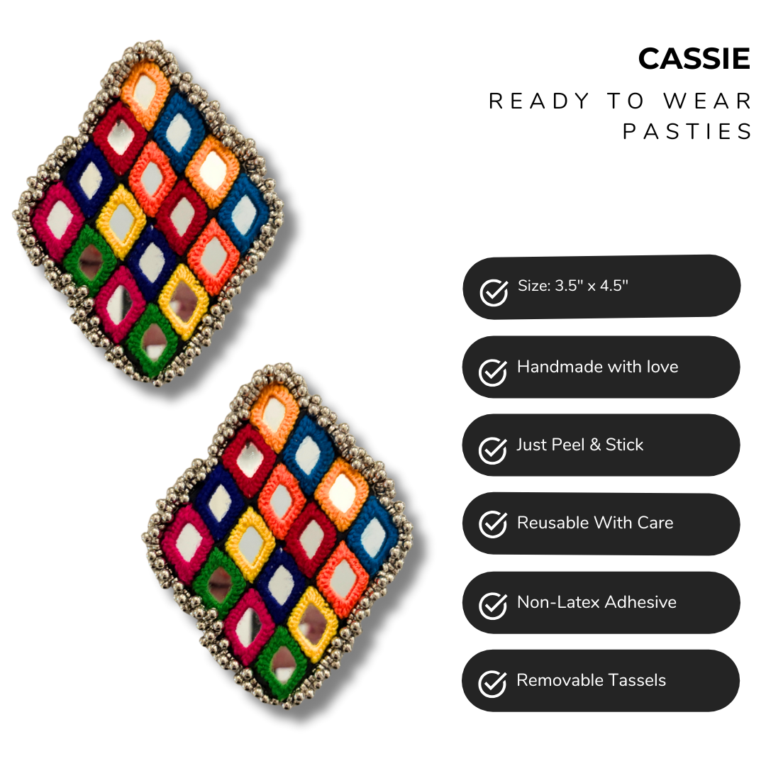 CASSIE Diamond-Shaped Nipple Pasties (2pcs) with Mirrored, Silver Beads and Multicolour Accents