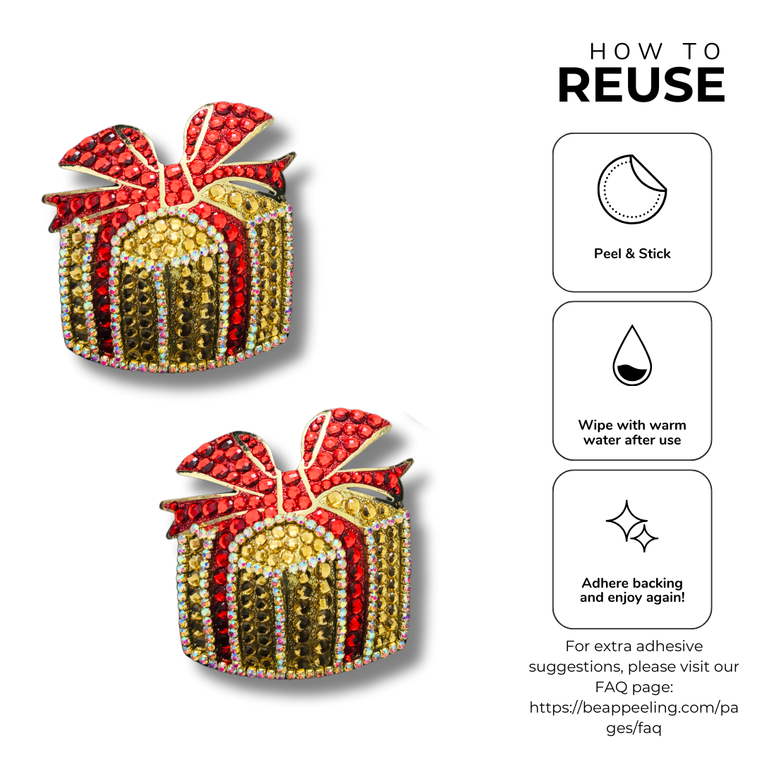PRESENCE Gold Rhinestone & Gem “Present” Nipple Pasties, Covers (2pcs)