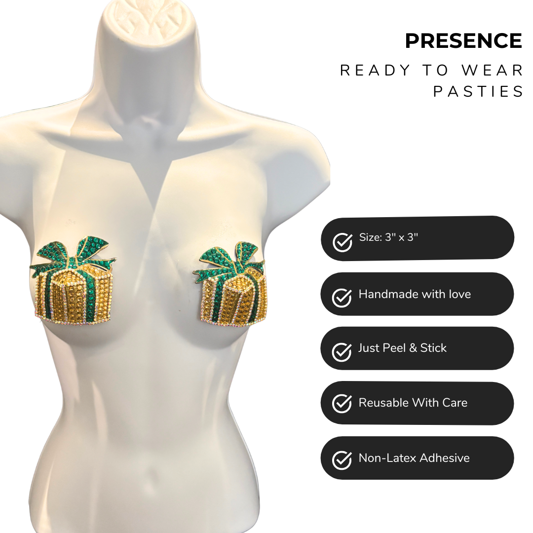 PRESENCE Gold Rhinestone & Gem “Present” Nipple Pasties, Covers (2pcs)