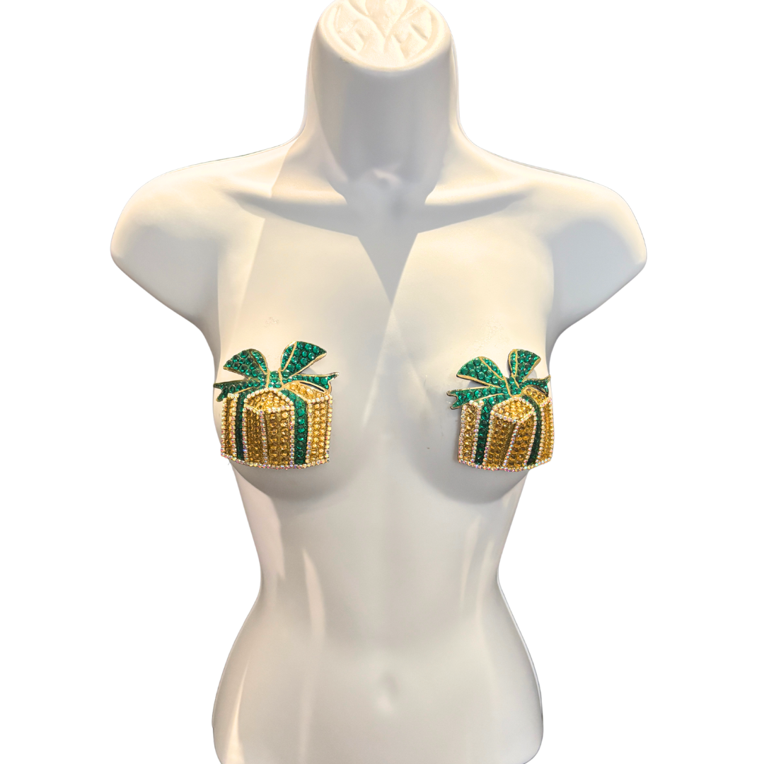 PRESENCE Gold Rhinestone & Gem “Present” Nipple Pasties, Covers (2pcs)
