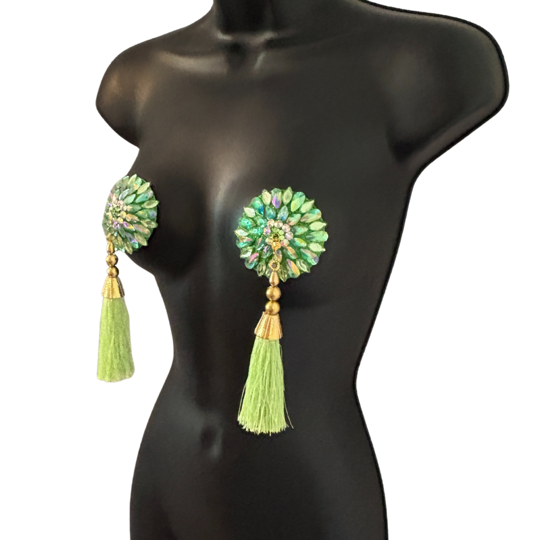 GLAM D'OLIVE Pasties – Dirty Martini x Appeeling Green Gem Pasties (2pcs) With Tassels - 2 sizes!