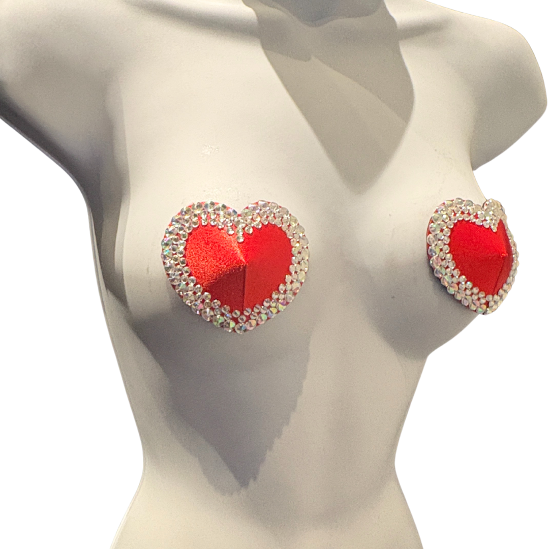 MON CHÉRIE Black or Red Silk Hearts with Crystal Gem Nipple Pasties, Pasty (2pcs)