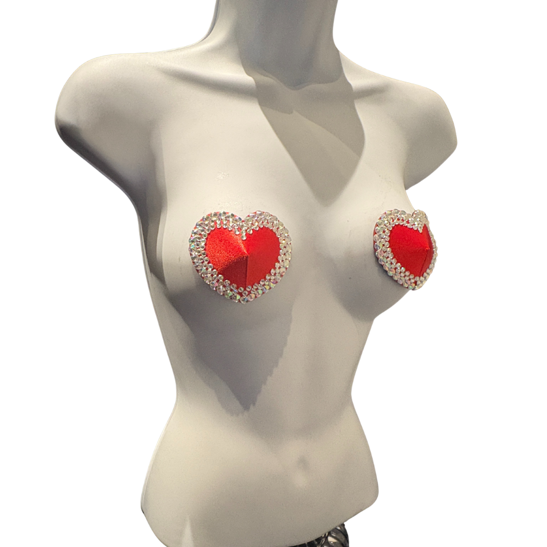 MON CHÉRIE Black or Red Silk Hearts with Crystal Gem Nipple Pasties, Pasty (2pcs)