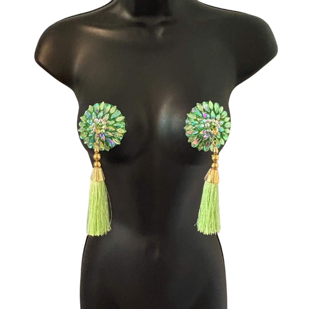 GLAM D'OLIVE Pasties – Dirty Martini x Appeeling Green Gem Pasties (2pcs) With Tassels - 2 sizes!
