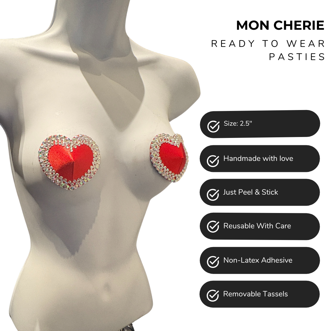 MON CHÉRIE Black or Red Silk Hearts with Crystal Gem Nipple Pasties, Pasty (2pcs)