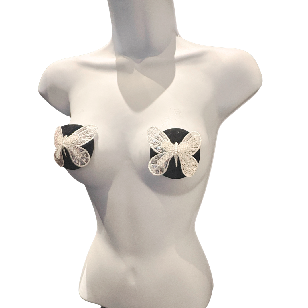 BELLA BUTTERFLY Black Velvet and White Lace Nipple Pasties, Pasty (2pcs) - With Removable Tassels
