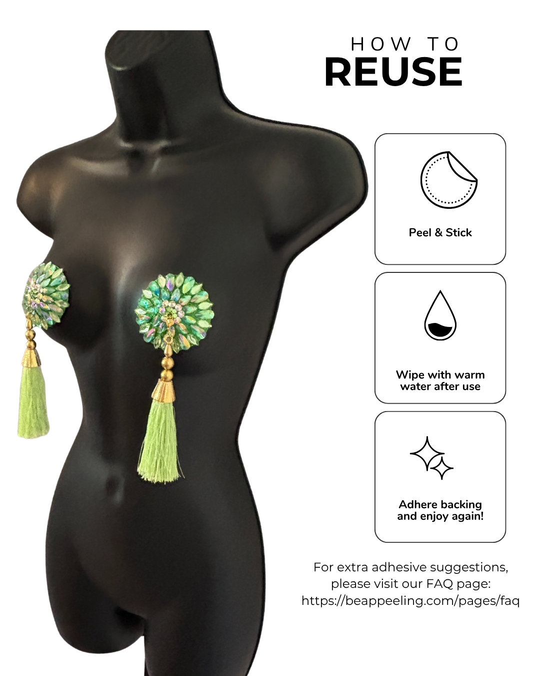 GLAM D'OLIVE Pasties – Dirty Martini x Appeeling Green Gem Pasties (2pcs) With Tassels - 2 sizes!