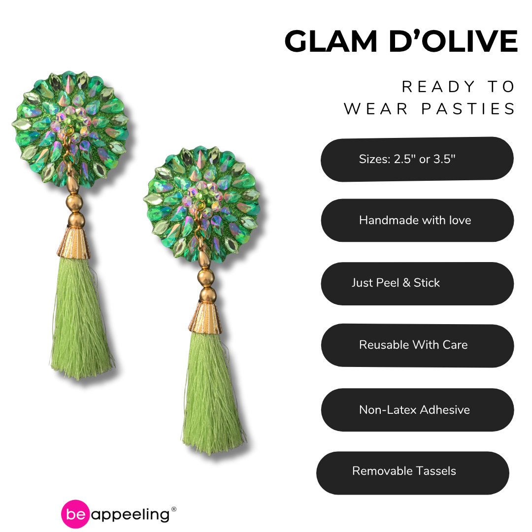 GLAM D'OLIVE Pasties – Dirty Martini x Appeeling Green Gem Pasties (2pcs) With Tassels - 2 sizes!