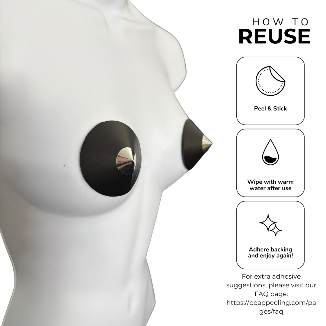 POINTELLE Black Faux Leather and Metallic Finish Conical Nipple Pasties, Pasty (2pcs)