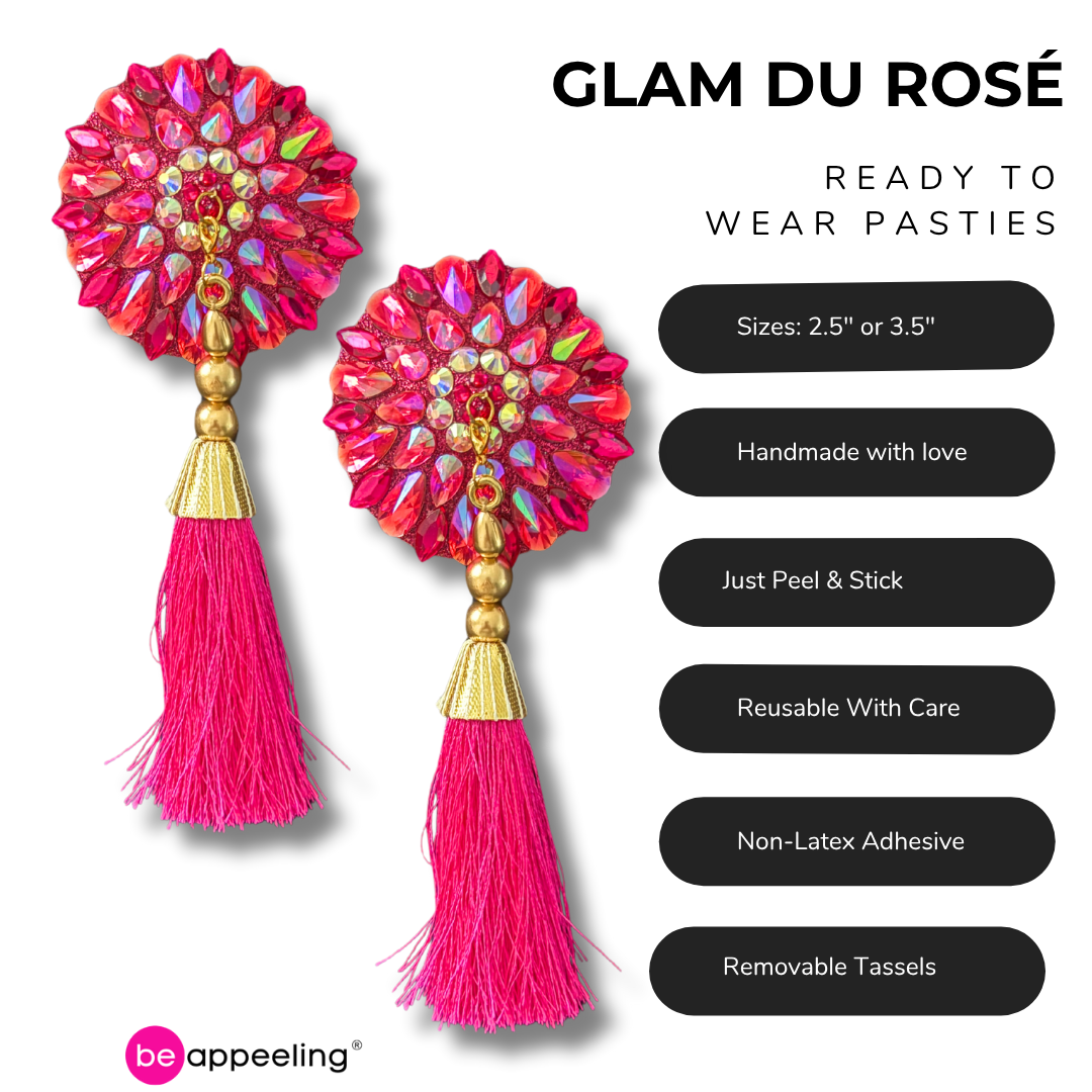 GLAM DU ROSÉ Pasties – Dirty Martini x Appeeling Pink Gem Pasties with Tassels (2pcs) 2 sizes!