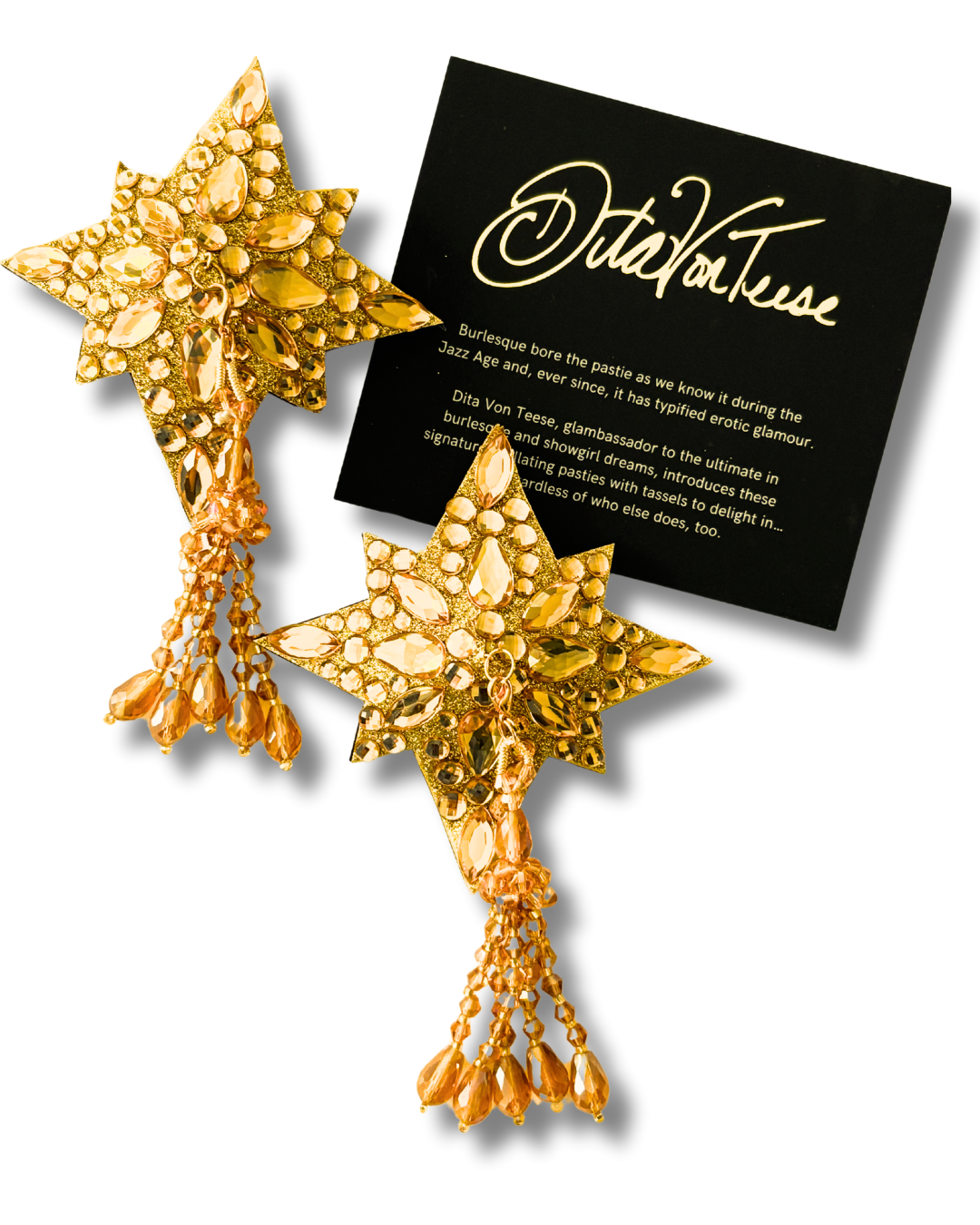 DITA VON TEESE Starla Shimmering Gold Star Crystal Pasties with Removable Hand-Beaded Tassels (2pcs)