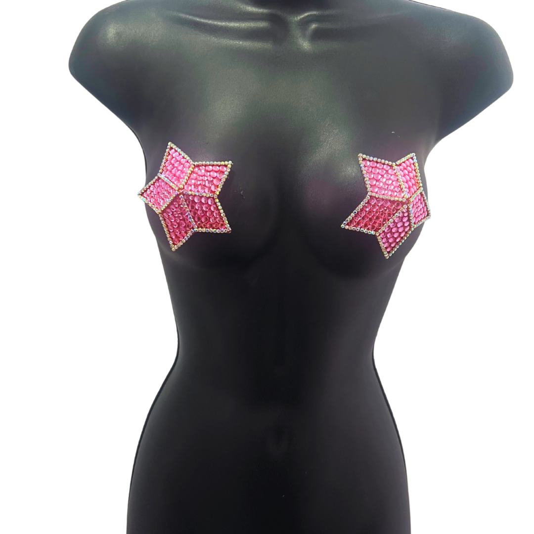 STARLIGHT Pink Glitter, Gem Stars with Rhinestone Accent Trim  Pasties Nipple Covers (2pcs)