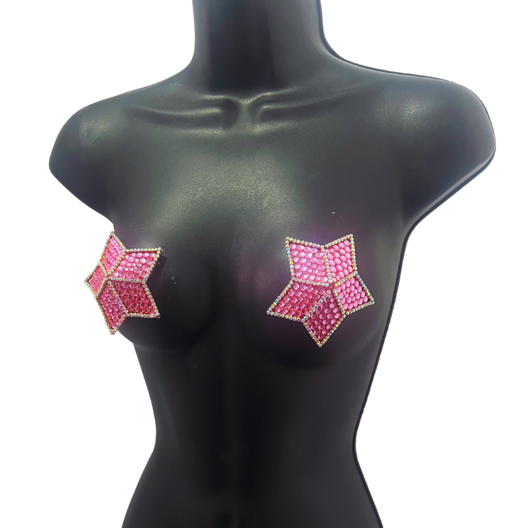 STARLIGHT Pink Glitter, Gem Stars with Rhinestone Accent Trim  Pasties Nipple Covers (2pcs)