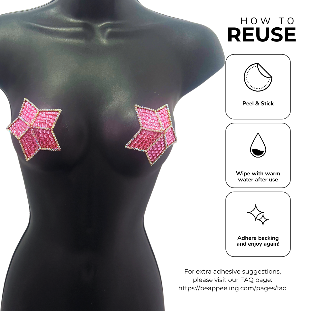 STARLIGHT Pink Glitter, Gem Stars with Rhinestone Accent Trim  Pasties Nipple Covers (2pcs)