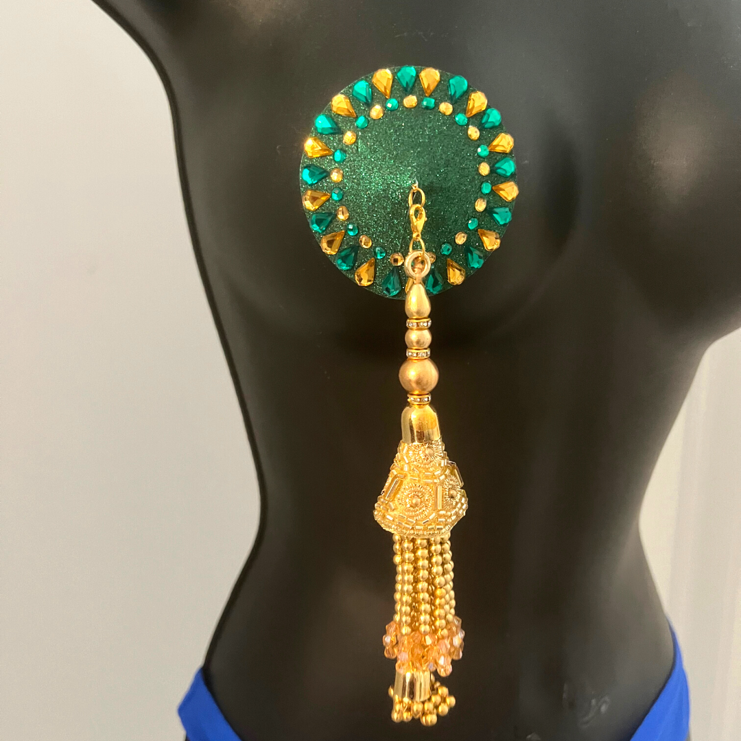 WILLOW Forest Green and Gold Nipple Pasties, Couvertures avec perles à la main et glands de pierres précieuses (2pcs) Raves et festivals de lingerie burlesque