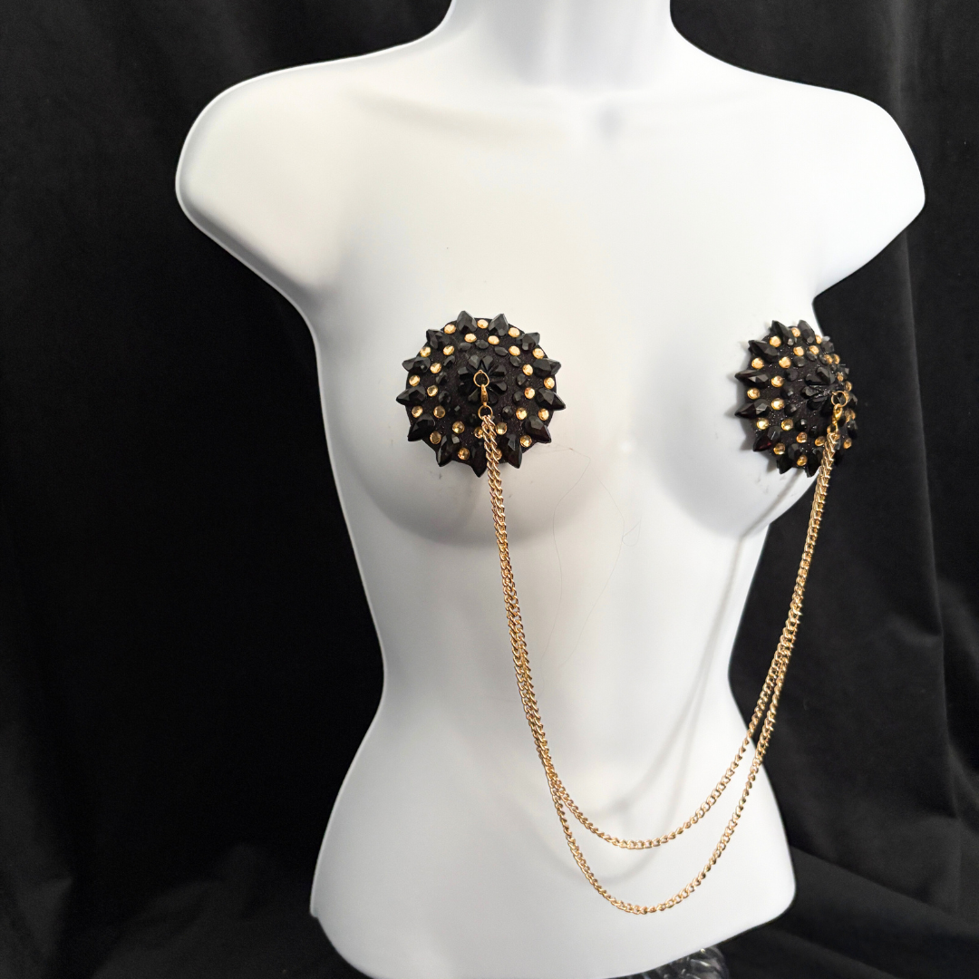 CABARET DORÉ Black and Gold  Nipple Pasties with Removable Double Loop Gold Chain (3 pcs)