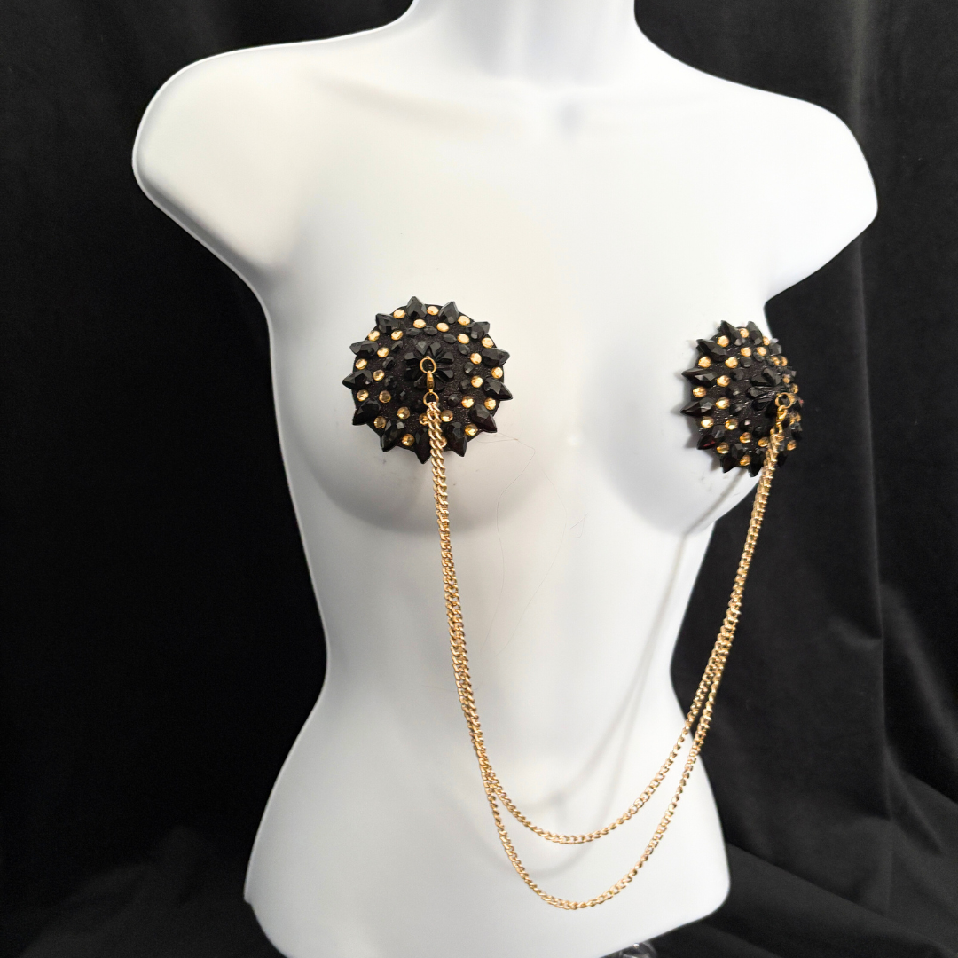 CABARET DORÉ Black and Gold  Nipple Pasties with Removable Double Loop Gold Chain (3 pcs)