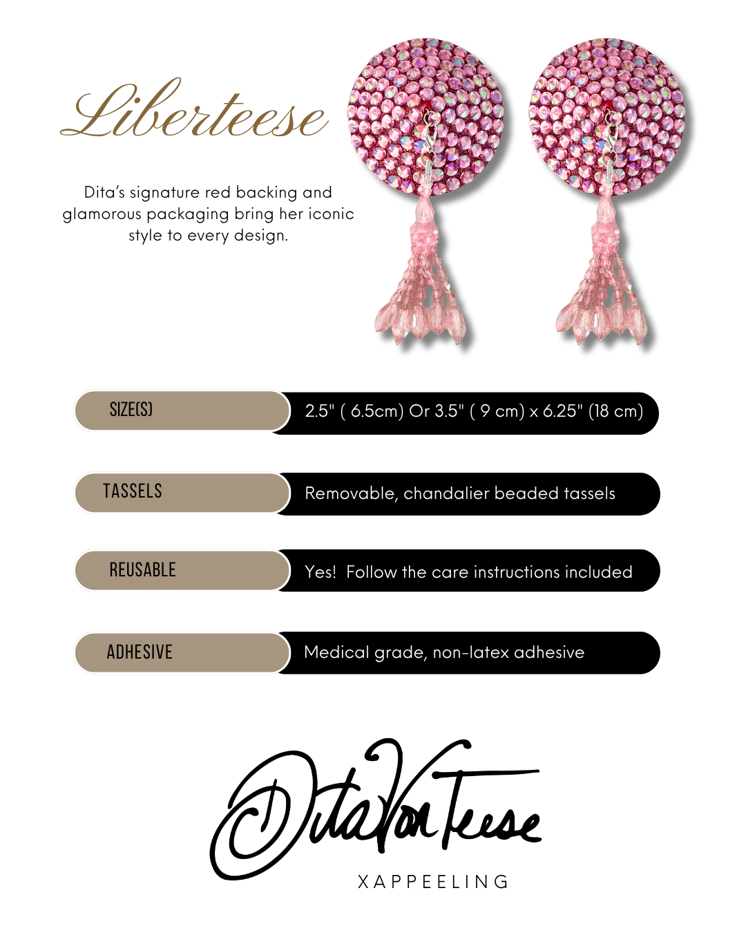 DITA VON TEESE Liberteese Pink Shimmering Crystal Pasties with Removable Tassels (2pcs)