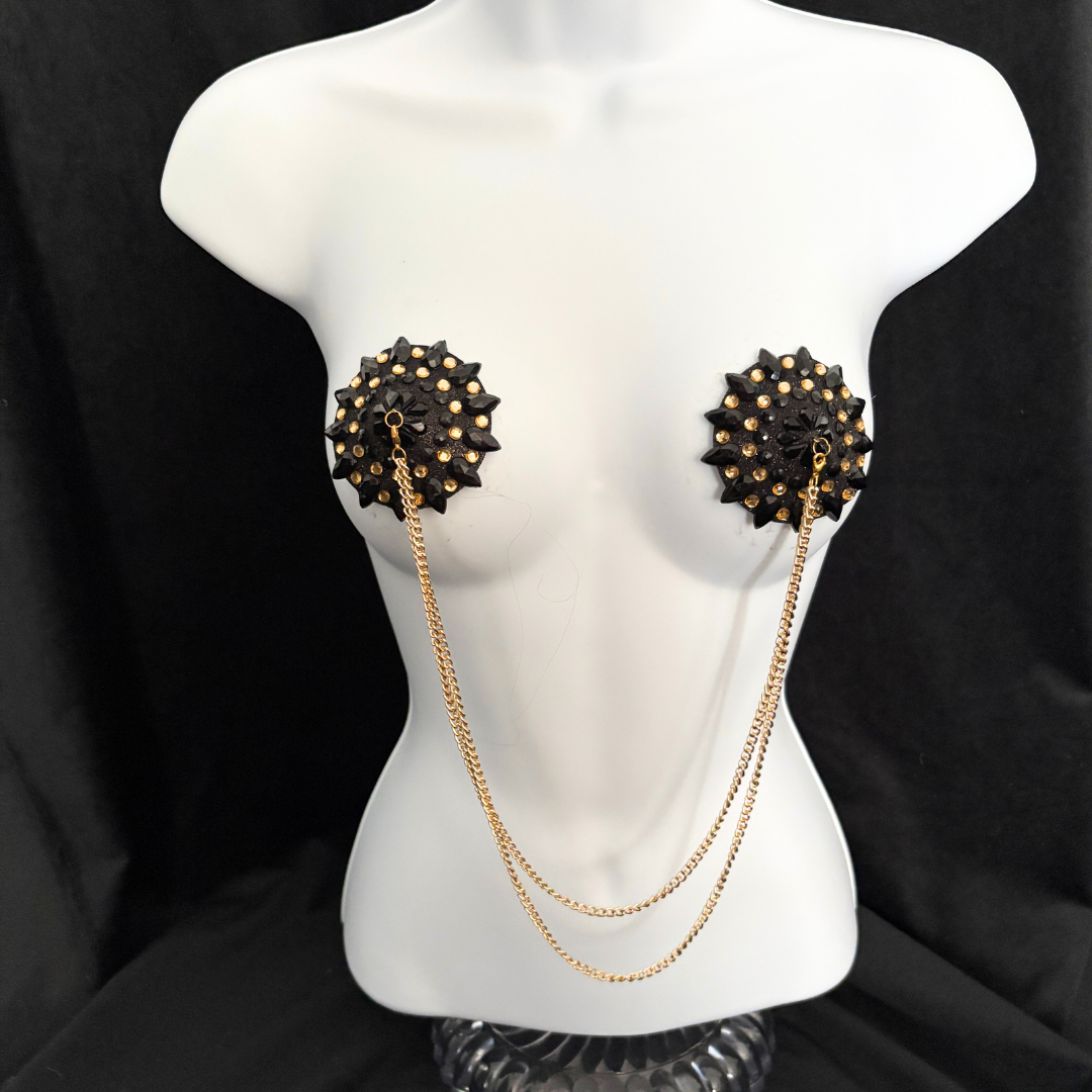 CABARET DORÉ Black and Gold  Nipple Pasties with Removable Double Loop Gold Chain (3 pcs)
