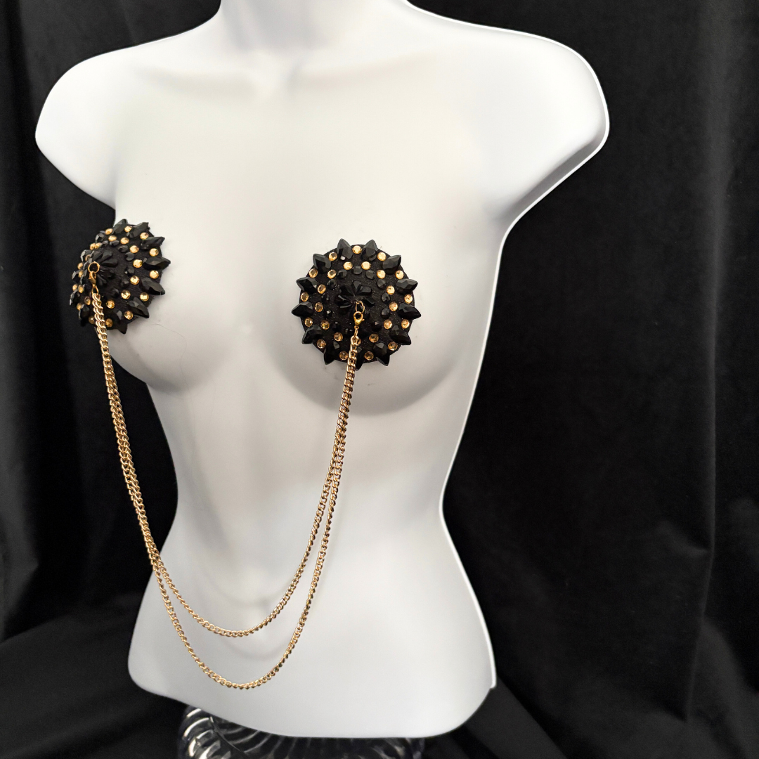 CABARET DORÉ Black and Gold  Nipple Pasties with Removable Double Loop Gold Chain (3 pcs)