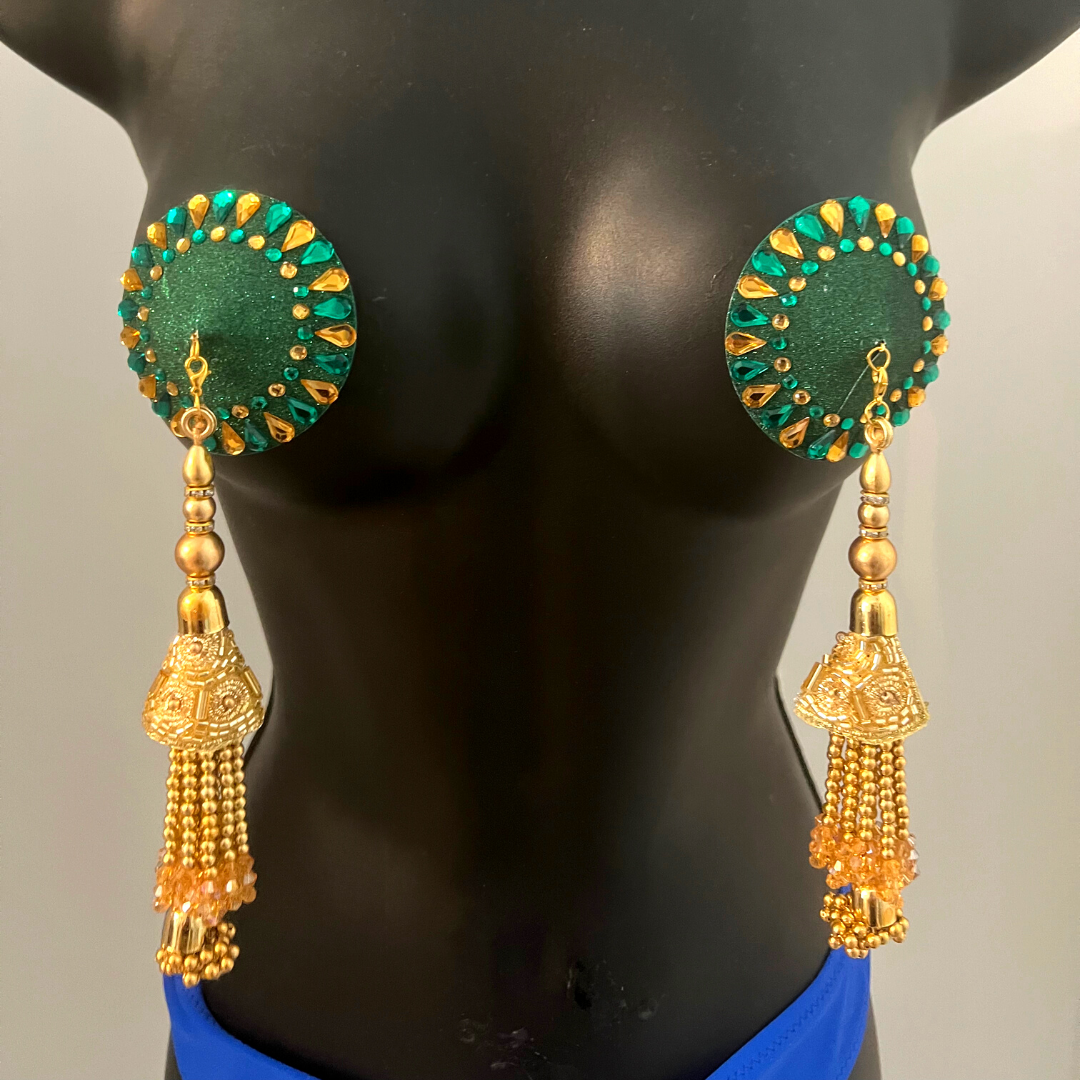 WILLOW Forest Green and Gold Nipple Pasties, Couvertures avec perles à la main et glands de pierres précieuses (2pcs) Raves et festivals de lingerie burlesque