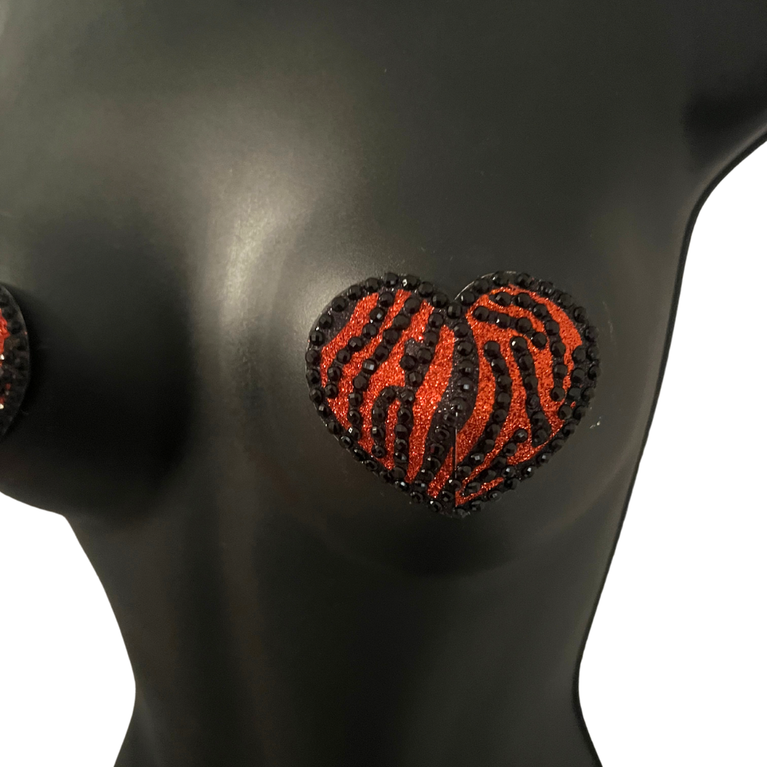 TIGER QUEEN Orange & Black Heart, Tiger Print Gem Nipple Pasties, Pasty (2pcs)