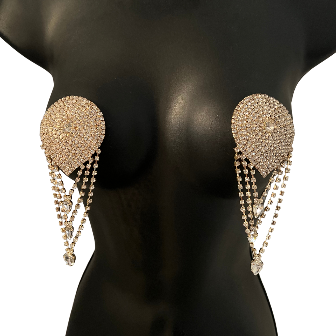 IVANNA LOTT Rhinestone Teardrop Nipple Pasties with Rhinestone Tassels (2pcs), Covers for Festivals, Carnival Raves Burlesque Lingerie