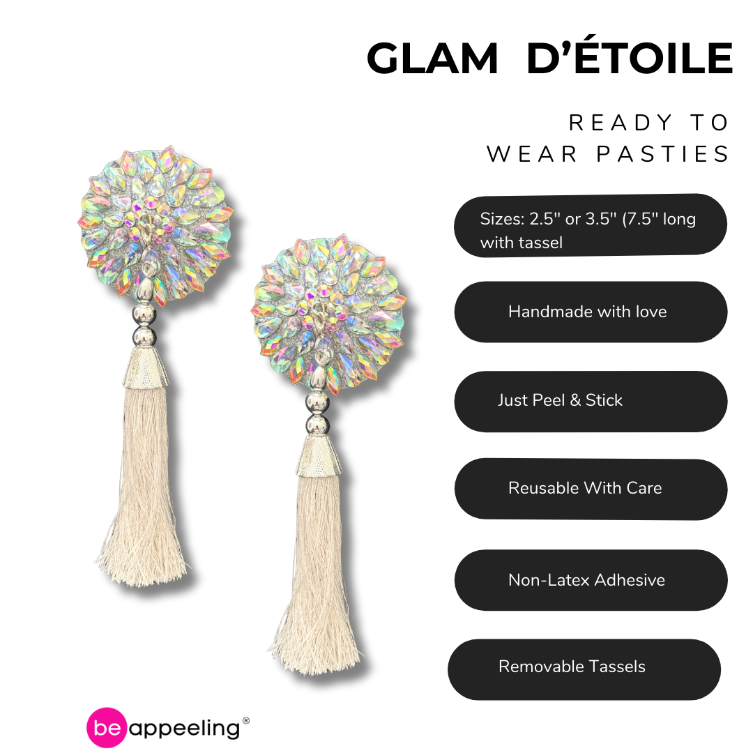 GLAM D'ÉTOILE Pasties – Dirty Martini x Appeeling Clear, Silver AB Gem Pasties (2pcs) With Tassels 2 sizes!