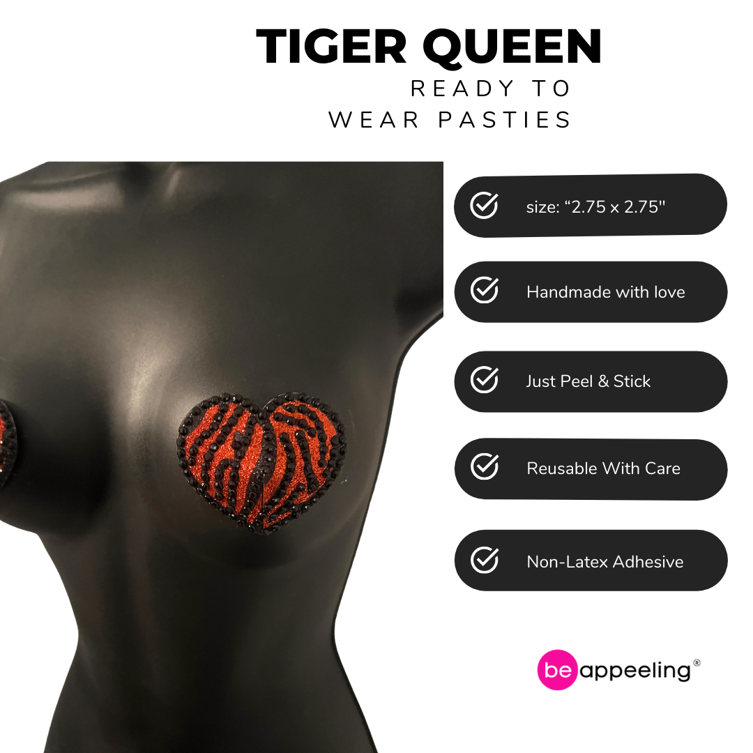 TIGER QUEEN Orange & Black Heart, Tiger Print Gem Nipple Pasties, Pasty (2pcs)