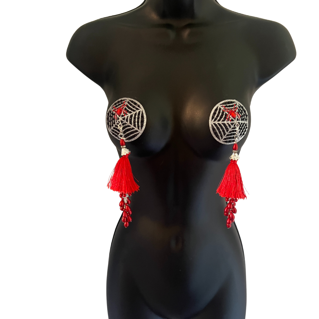 VENOM VIXEN Black and Silver Web with Red Crystal Spider Nipple Pasty, Nipple Cover (2pcs) with either black or red Beaded Tassels