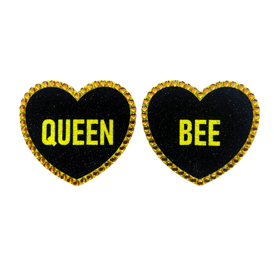 QUEEN BEE Glitter & Crystal Heart Shaped Nipple Pasties, Pasty (2pcs) for Burlesque Raves Lingerie Carnival