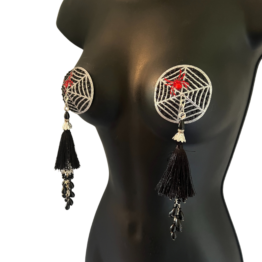 VENOM VIXEN Black and Silver Web with Red Crystal Spider Nipple Pasty, Nipple Cover (2pcs) with either black or red Beaded Tassels