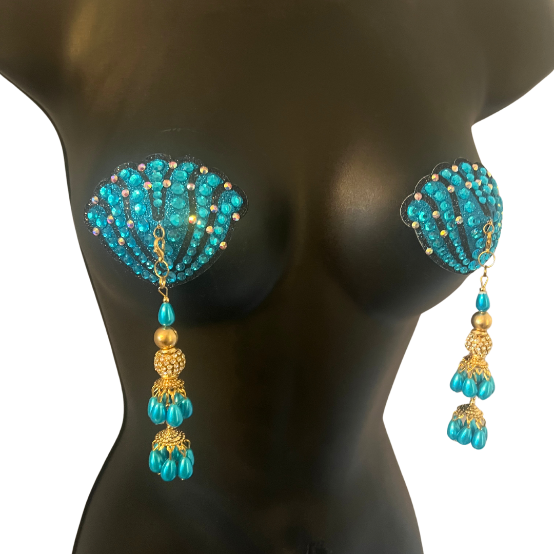 URSULA UNDRESS Turquoise and Black, Reusable Gem Nipple Pasties, Pasty (2pcs) with Tassels