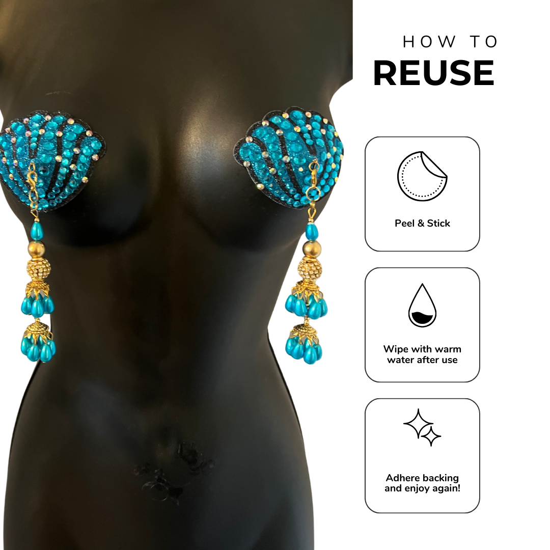 URSULA UNDRESS Turquoise and Black, Reusable Gem Nipple Pasties, Pasty (2pcs) with Tassels