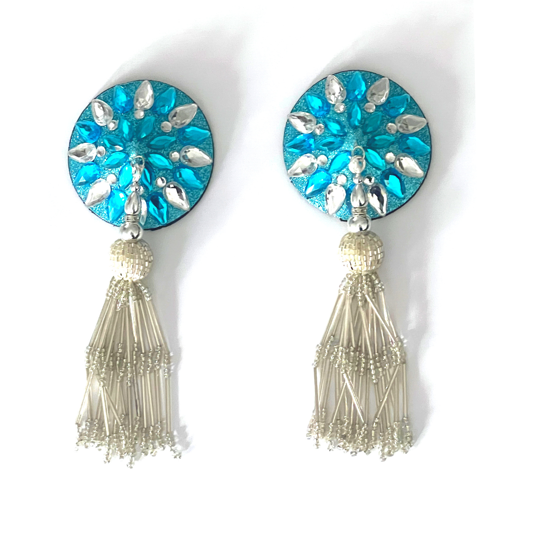 APHRODITE Glitter & Gem Nipple Pasties, Covers With Beaded Tassels, Aqua for Burlesque Lingerie Raves