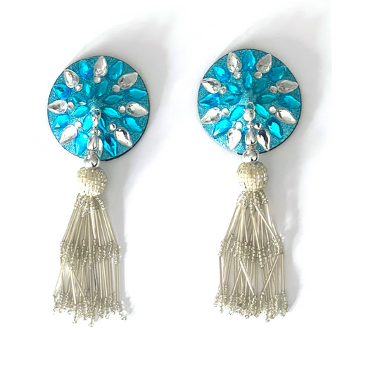 APHRODITE Glitter & Gem Nipple Pasties, Covers With Beaded Tassels, Aqua for Burlesque Lingerie Raves