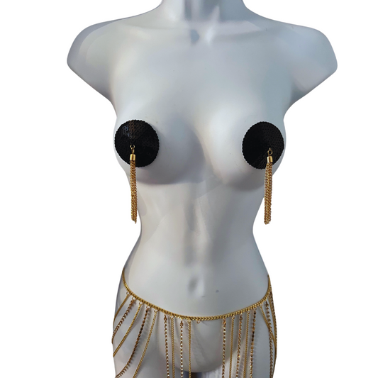 MIDNIGHT MIRAGE Black Sequin Nipple Pasty, Nipple Cover (2pcs) with Gold Chain Tassels for Lingerie Carnival Burlesque Rave