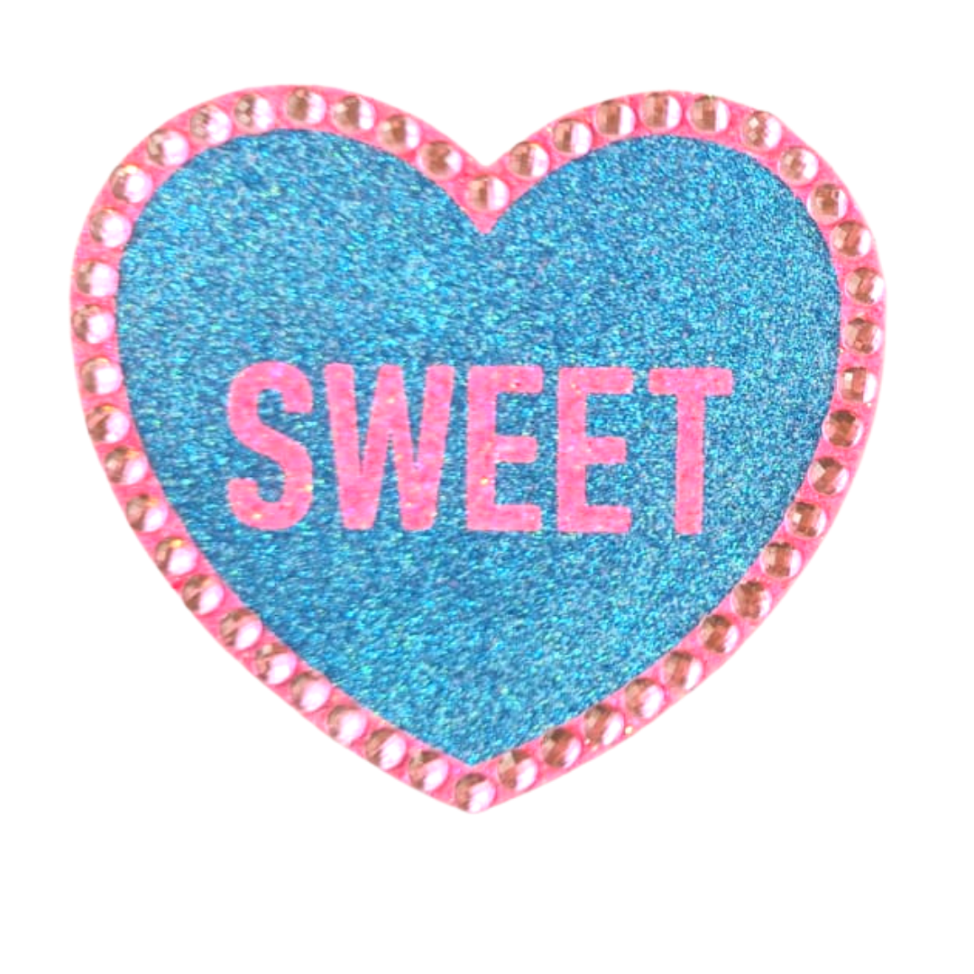 SWEET TART - Glitter & Crystal Heart Shaped Nipple Pasties, Covers (2pcs) with Titles for Burlesque Raves Lingerie Carnival