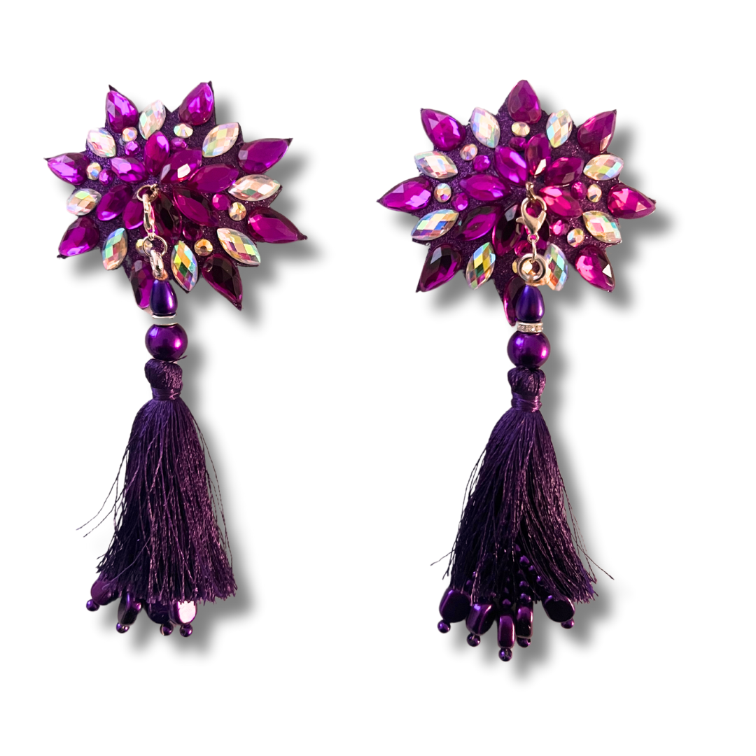 PURPLE REIGN Purple and Iridescent Star Gem Nipple Pasties, Pasty (2pcs) with Tassels